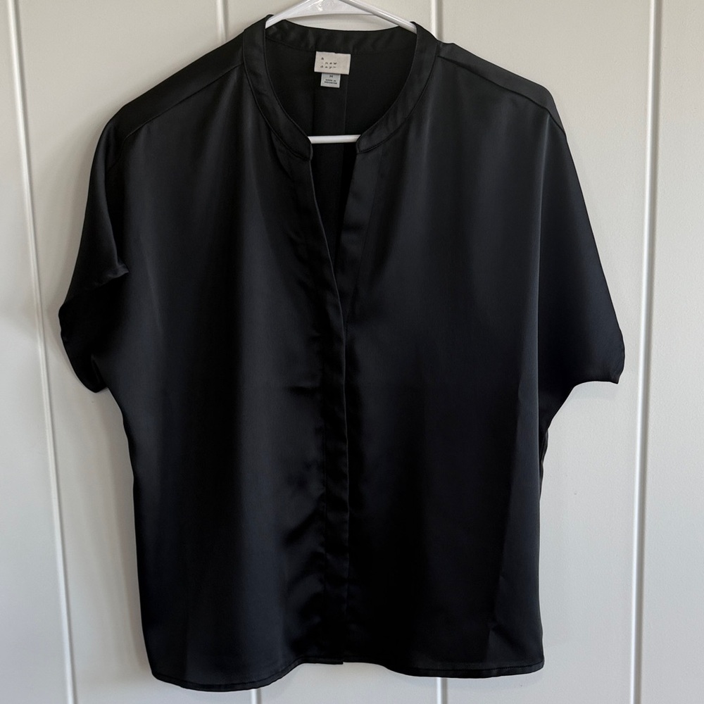 A New Day Black Satin Short Sleeve Mandarin Collar Blouse